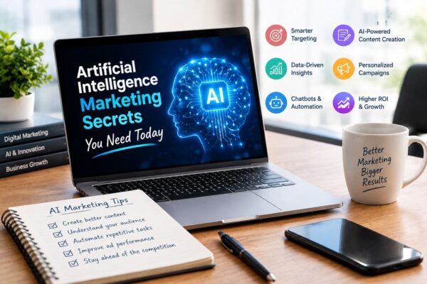 Artificial intelligence marketing dashboard showing AI-powered campaign insights and analytics