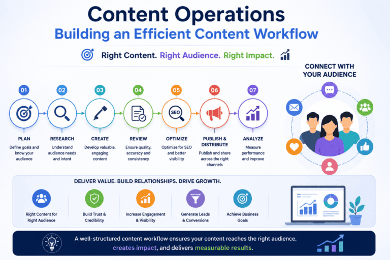 Illustration of a content operations workflow showing planning, content creation, SEO optimization, publishing, and performance analysis.