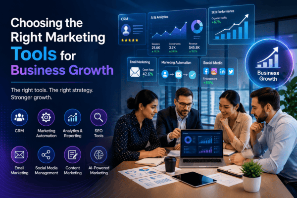Business professionals using AI-powered marketing tools including CRM, SEO, analytics, email marketing, marketing automation, and social media platforms to drive business growth.