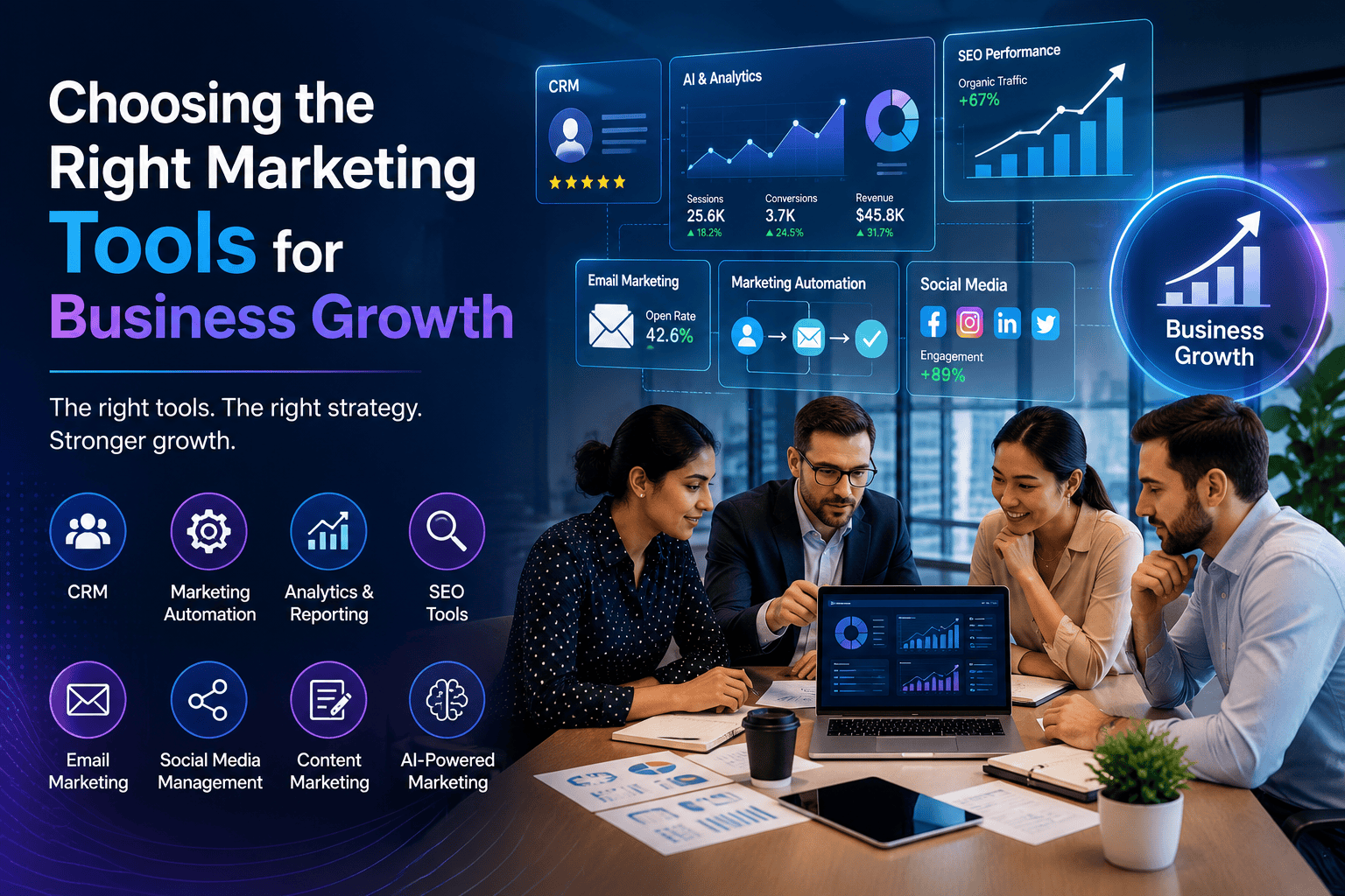 Business professionals using AI-powered marketing tools including CRM, SEO, analytics, email marketing, marketing automation, and social media platforms to drive business growth.