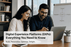 Business professionals collaborating on a Digital Experience Platform (DXP) strategy to deliver personalized customer experiences across digital channels.