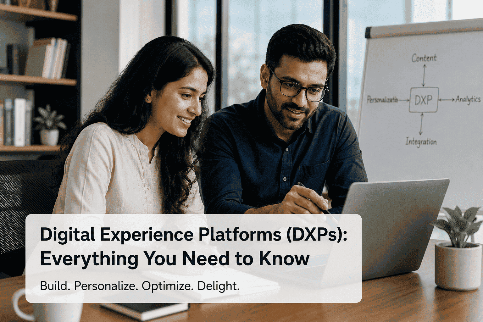 Business professionals collaborating on a Digital Experience Platform (DXP) strategy to deliver personalized customer experiences across digital channels.