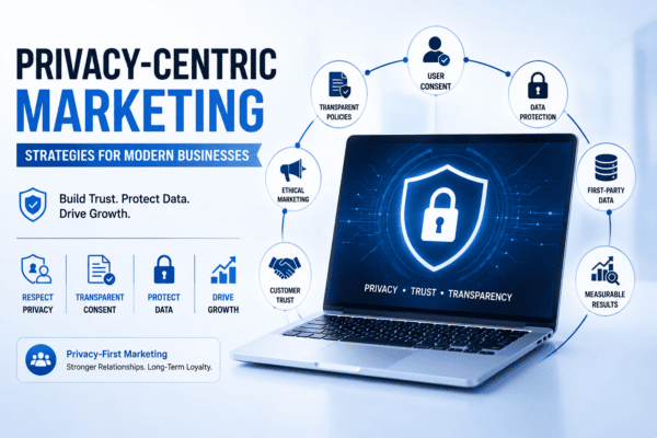 Business professionals using AI-powered marketing tools with secure customer data, privacy-first marketing strategy, and digital analytics dashboard.
