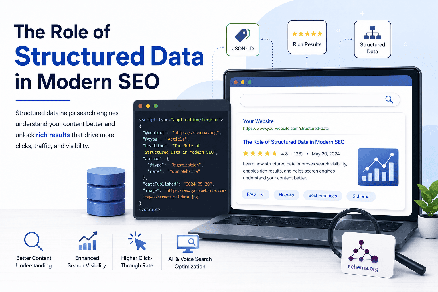 Illustration showing structured data, schema markup, JSON-LD, and rich results improving search engine optimization and website visibility