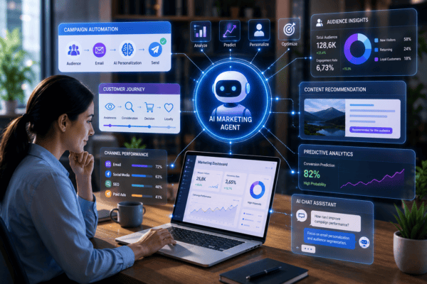 AI agents in marketing helping marketers automate campaigns, customer journeys, CRM analytics, predictive analytics, SEO, email marketing, and personalized customer experiences.
