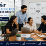 Business team collaborating to build a content knowledge hub for improved SEO, customer engagement, and business growth.