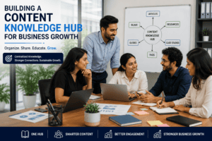 Business team collaborating to build a content knowledge hub for improved SEO, customer engagement, and business growth.