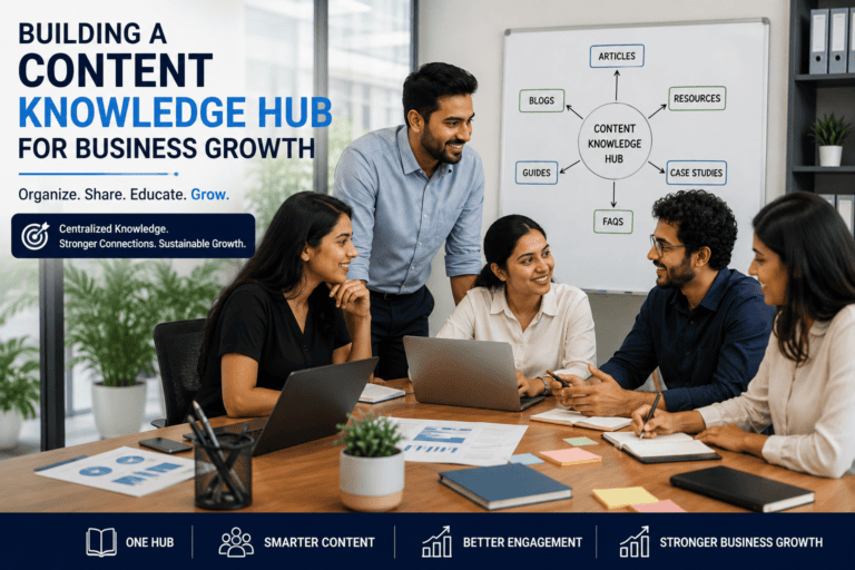 Business team collaborating to build a content knowledge hub for improved SEO, customer engagement, and business growth.
