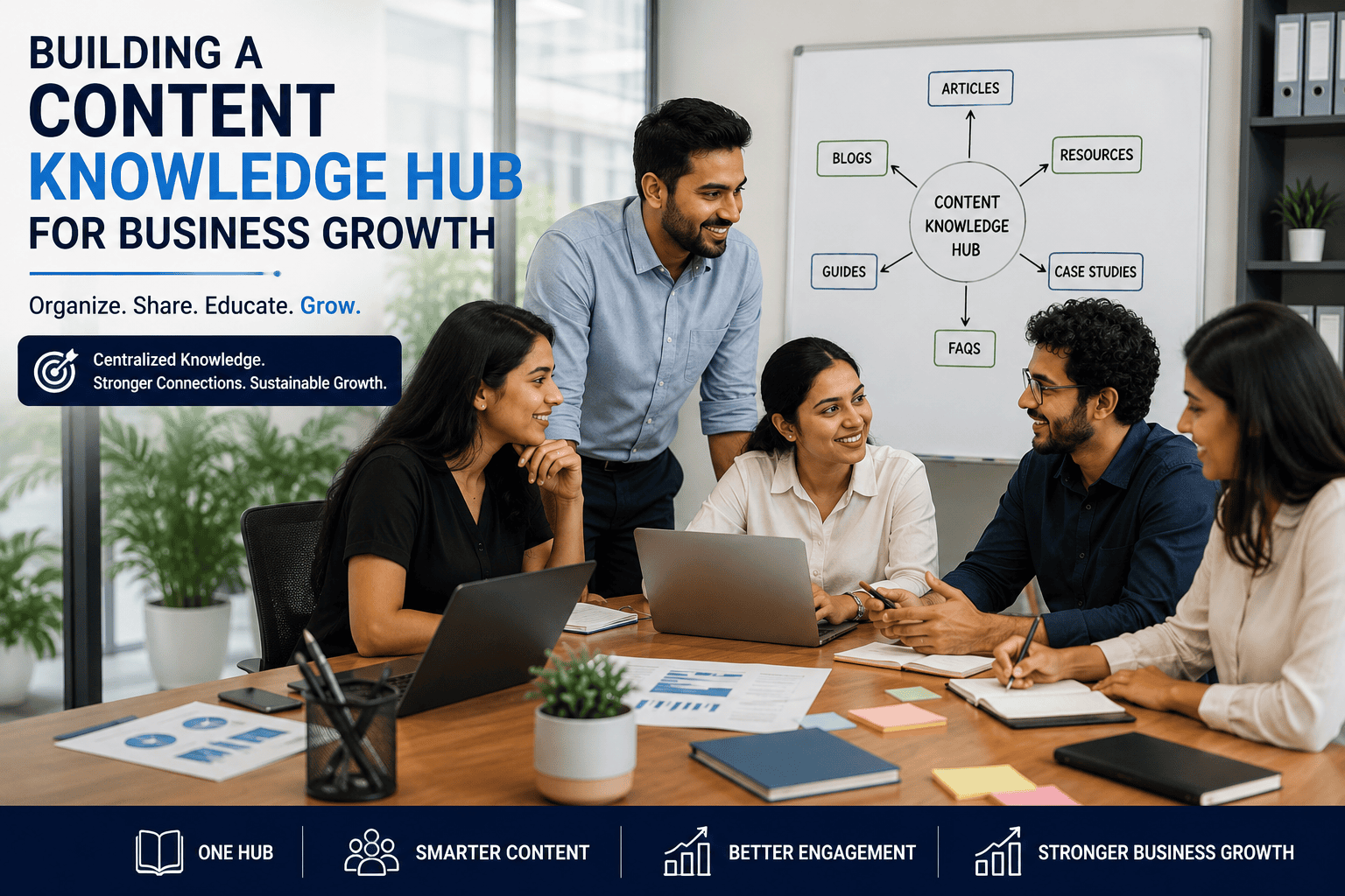 Business team collaborating to build a content knowledge hub for improved SEO, customer engagement, and business growth.