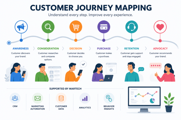 Customer Journey Mapping infographic showing the stages of awareness, consideration, decision, purchase, retention, and advocacy supported by modern marketing technology.