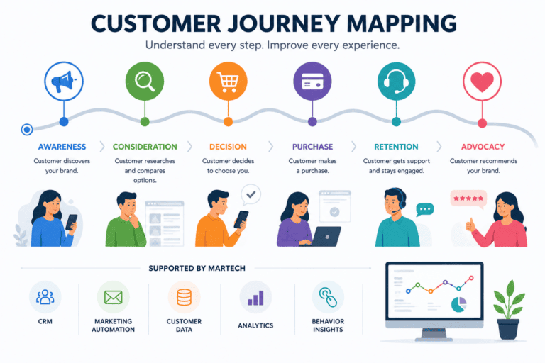 Customer Journey Mapping infographic showing the stages of awareness, consideration, decision, purchase, retention, and advocacy supported by modern marketing technology.