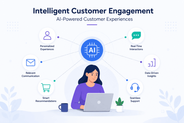 AI-powered intelligent customer engagement illustration showing personalized customer experiences, automation, data insights, and omnichannel communication.