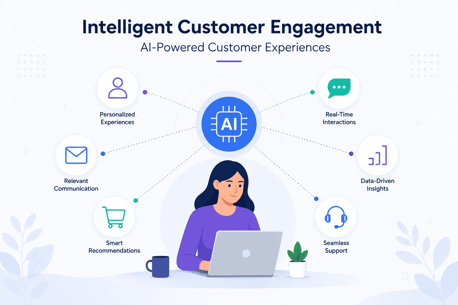 AI-powered intelligent customer engagement illustration showing personalized customer experiences, automation, data insights, and omnichannel communication.