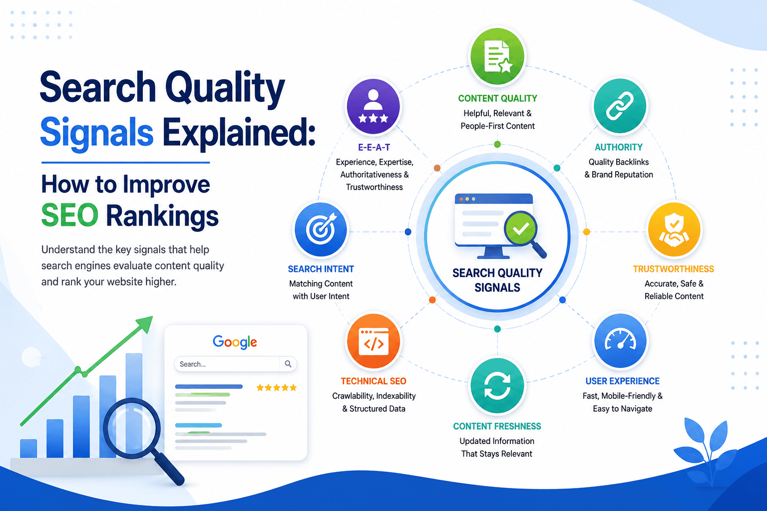 Illustration of search quality signals including content quality, E-E-A-T, technical SEO, user experience, and trustworthiness to improve SEO rankings.