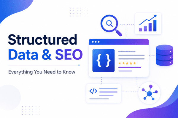 Illustration of structured data and SEO showing schema markup, search optimization, analytics, and website performance.