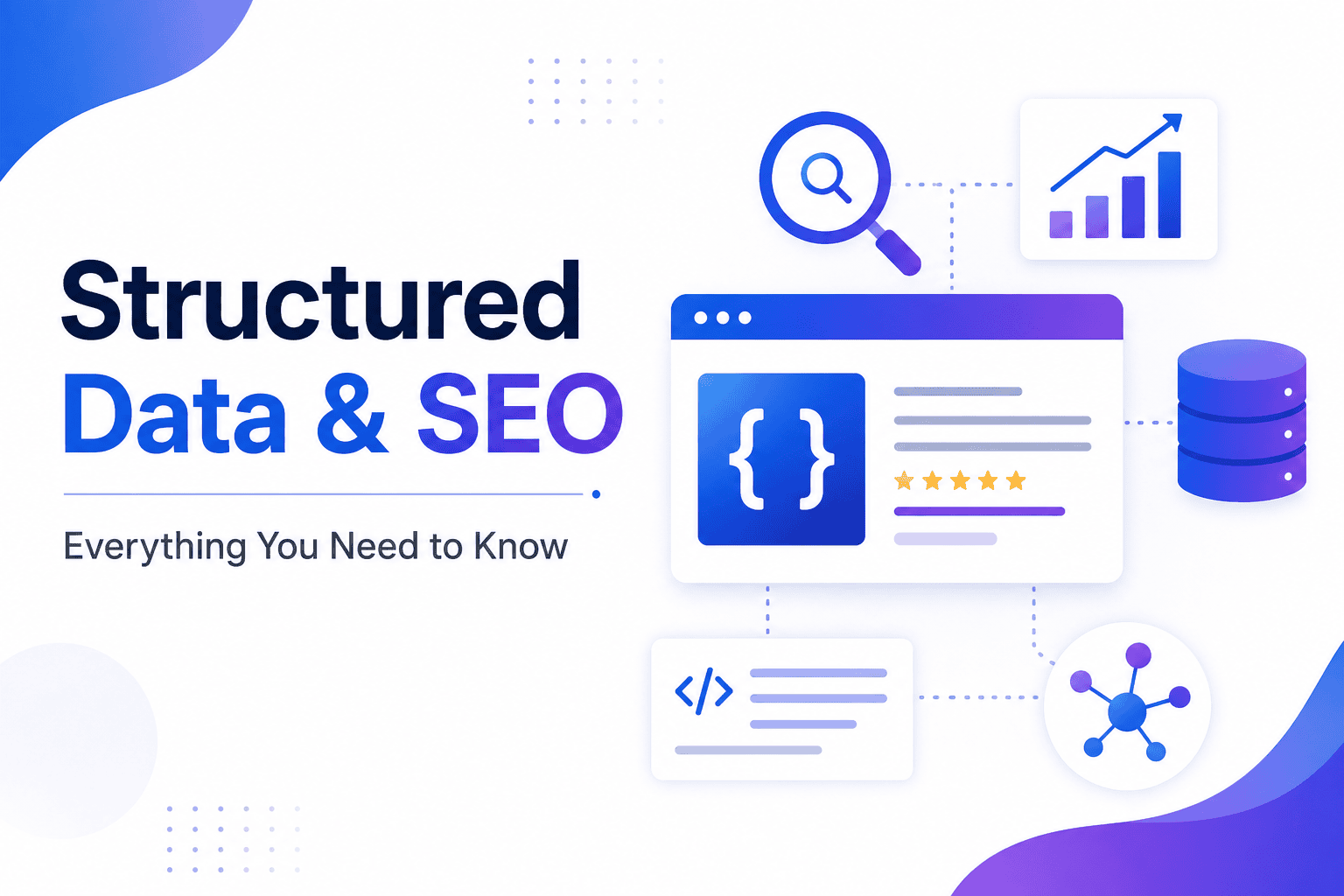 Illustration of structured data and SEO showing schema markup, search optimization, analytics, and website performance.