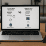 Server-side tracking vs client-side tracking showing data flow comparison between website browser and server