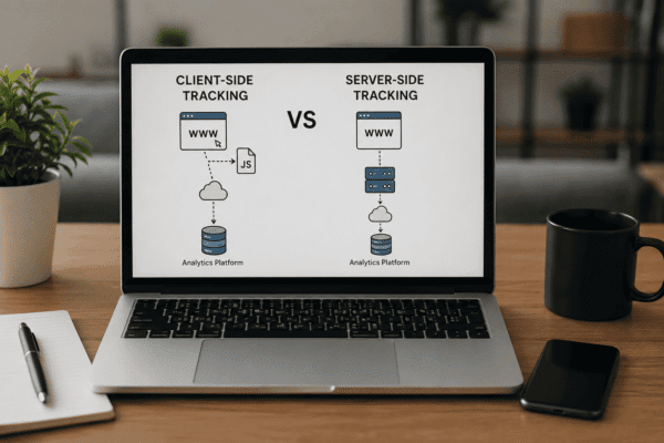 Server-side tracking vs client-side tracking showing data flow comparison between website browser and server