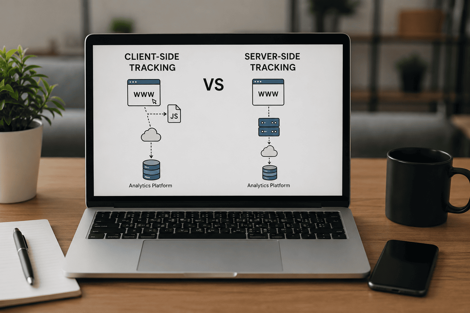 Server-side tracking vs client-side tracking showing data flow comparison between website browser and server