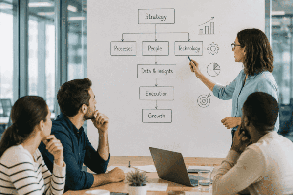 Marketing team planning a scalable marketing operations framework with workflow, analytics, and automation tools.