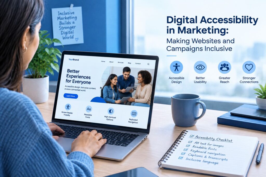 Diverse people using accessible digital marketing websites and campaigns