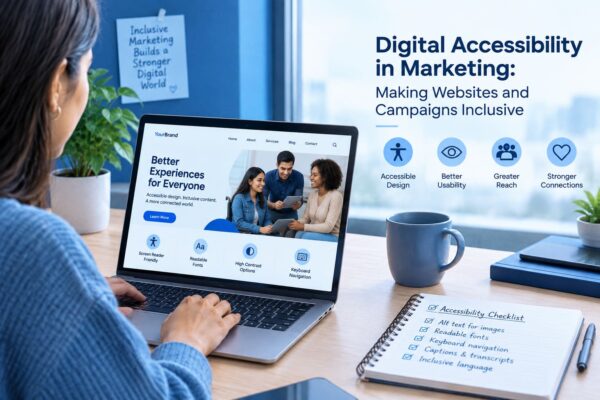 Diverse people using accessible digital marketing websites and campaigns