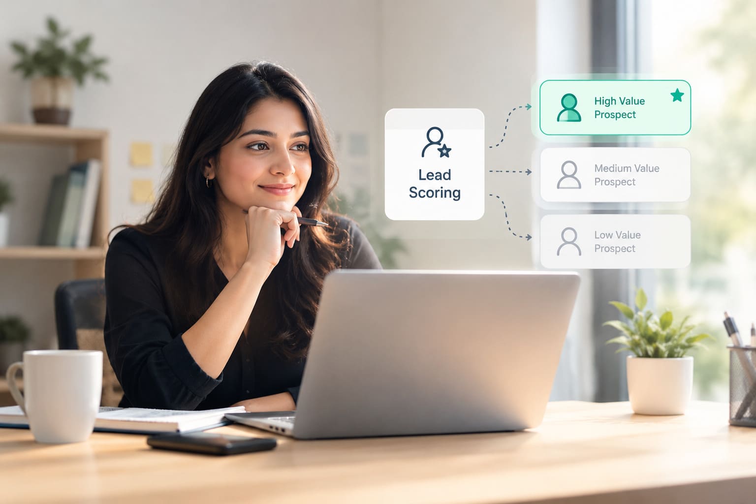 Predictive lead scoring dashboard showing B2B prospect data and lead priorities